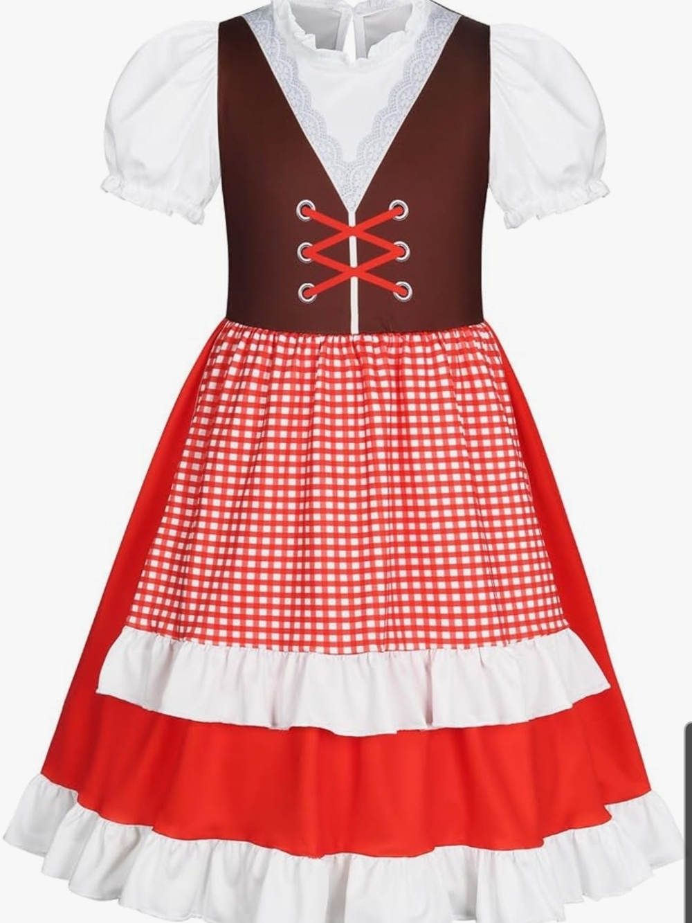 Girls' Red Gingham Peasant Costume Dress with White Blouse 6-7 Year Olds